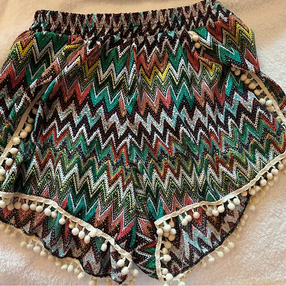 Shosho High Waist Green and Red Shorts with Pom-Pom Trim